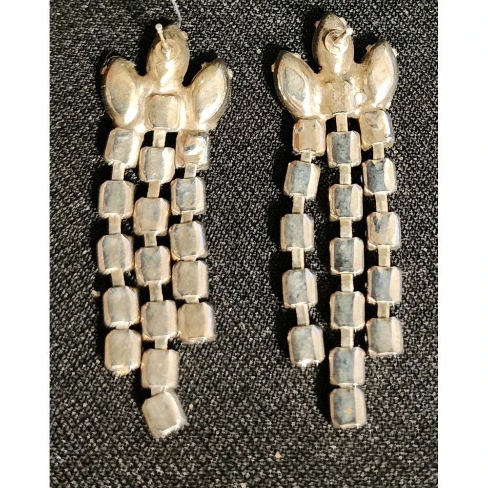 VTG Pierced Purple Marquise Clear Rhinestone Chandelier Earrings Silver Tone
